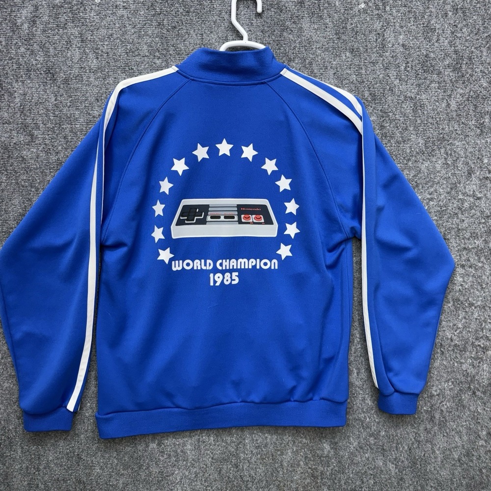 Nintendo world champion 1985 blue zip up track jacket men's size Large 2003